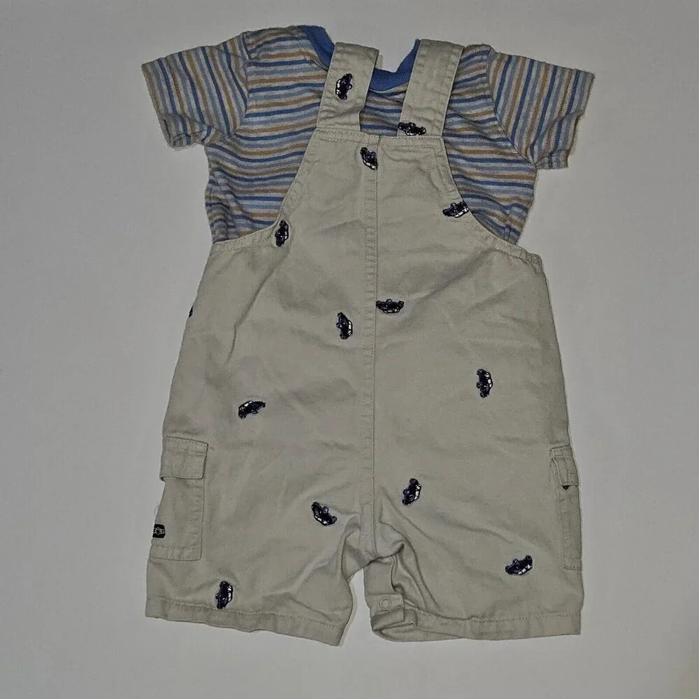 First Impressions Shirt Shortalls Outfit Tan Blue Embroidered Cars 6/9 Months
